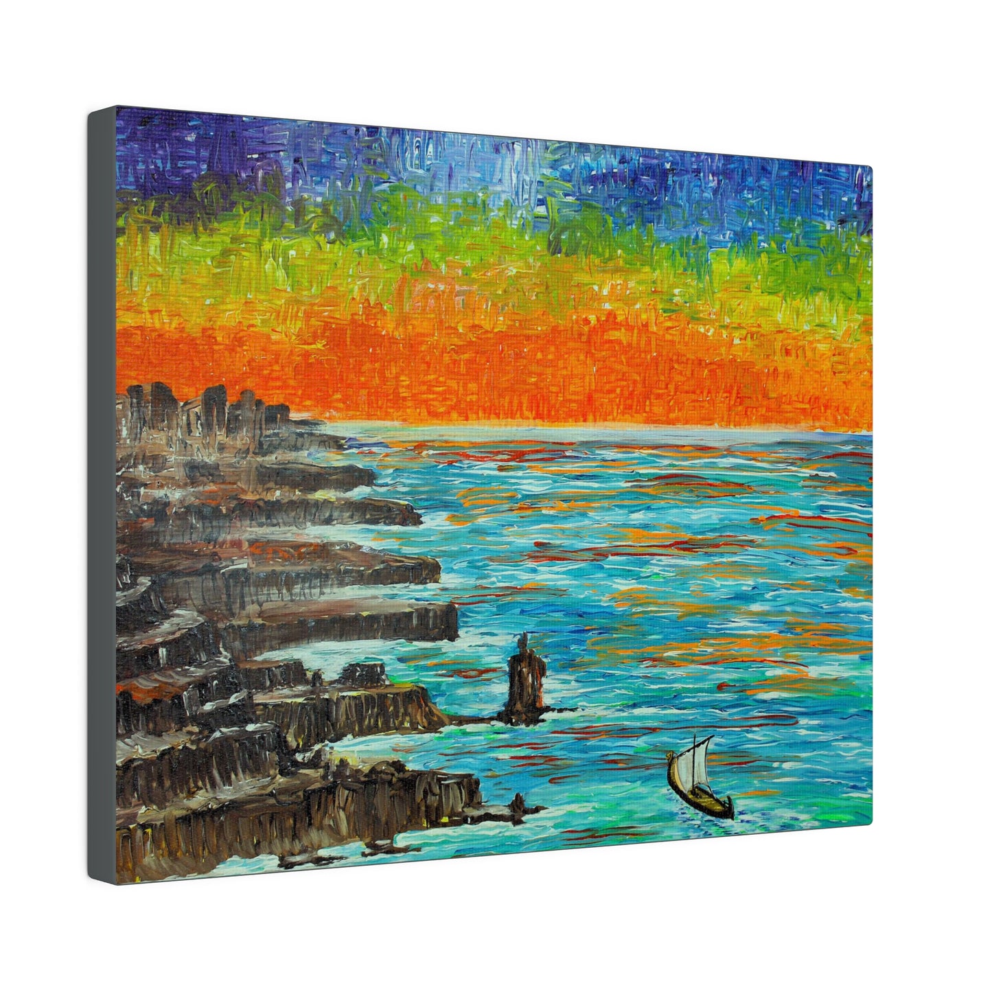 Sailing Boat at Sunset over Rocky Coast on Canvas
