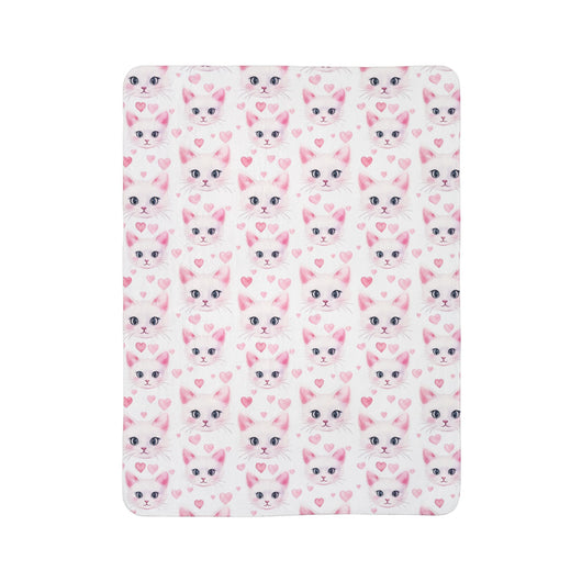 Cute White Cat with Hearts on Fleece Sherpa Blanket - Home Decor - JumpingDots