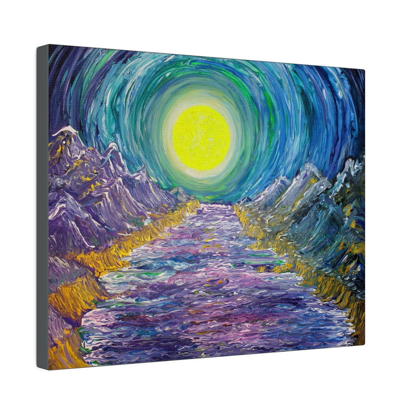 Lunar Labyrinth- Gold Moon Tunnel Amidst Mountains on Large Canvas