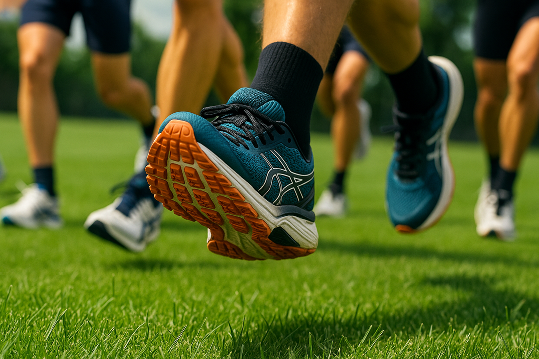 Athletic people are running on a grass with close up shot on running shoes