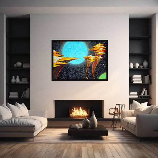 Celestial Solitude- Floating Islands in Cosmos with Blue Planet on Canvas - Canvas - JumpingDots