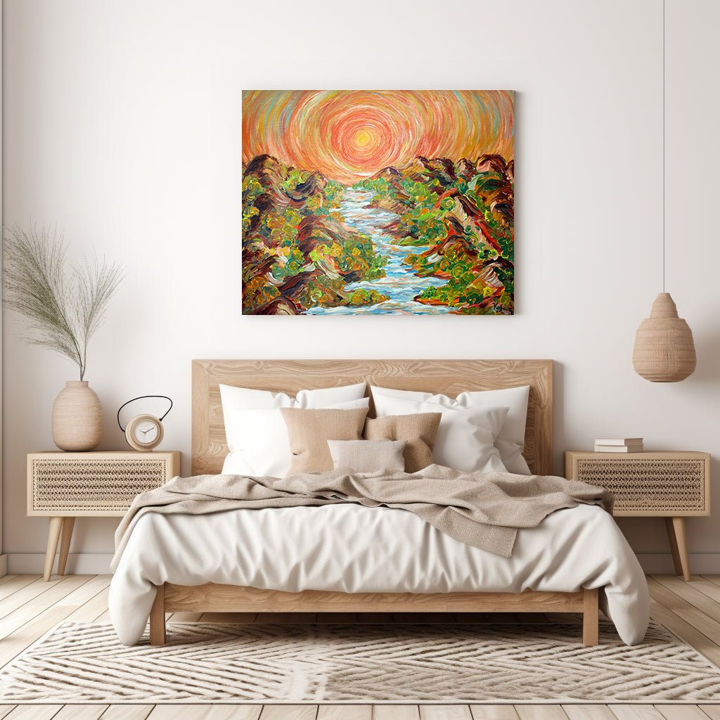 Golden Paradise- Rolling Hills under the Ethereal Sun on Canvas - Canvas - JumpingDots