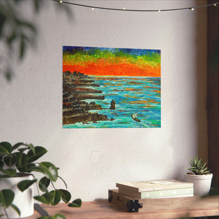 Sailing Boat at Sunset over Rocky Coast on the Poster - Poster - JumpingDots