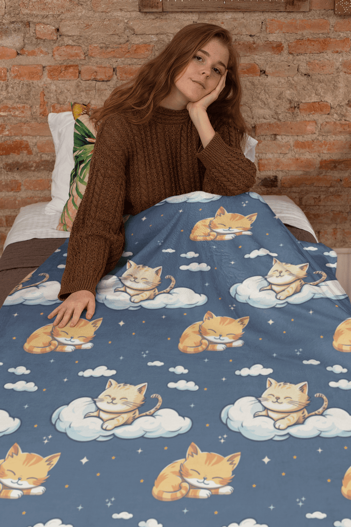 Sleeping Orange Tabby on Fleece Sherpa Blanket - Home Decor - JumpingDots