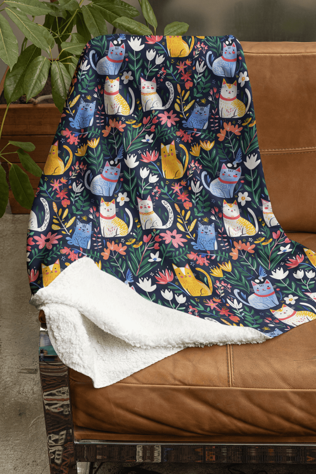 Floral Cat on Fleece Sherpa Blanket - Home Decor - JumpingDots