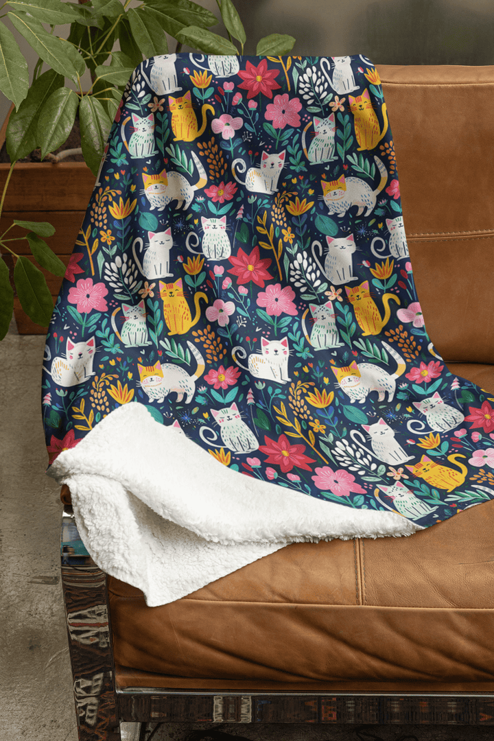 Happy Cats in Flowers on Fleece Sherpa Blanket - Home Decor - JumpingDots