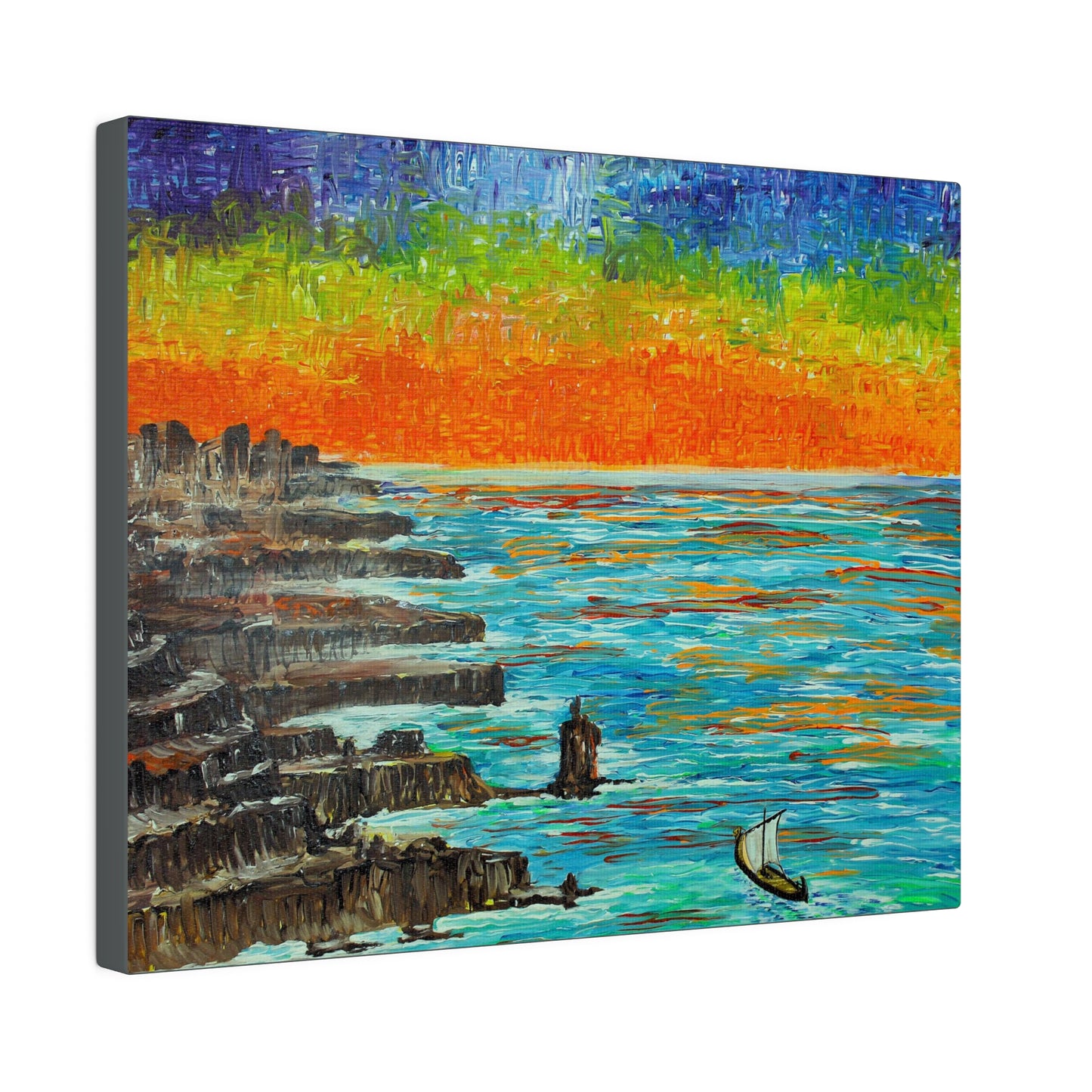 Sailing Boat at Sunset over Rocky Coast  on Canvas