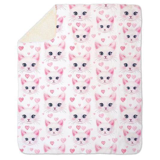 Cute White Cat with Hearts on Fleece Sherpa Blanket