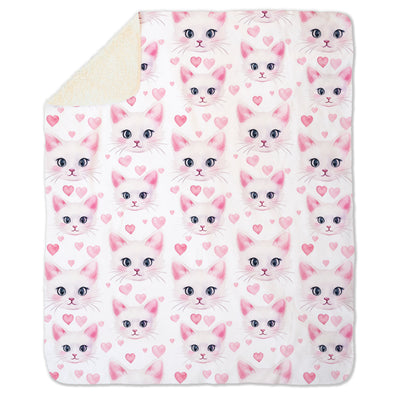 Cute White Cat with Hearts on Fleece Sherpa Blanket
