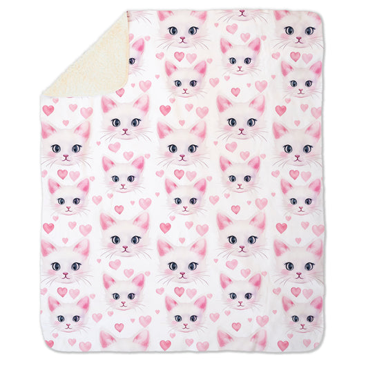 Cute White Cat with Hearts on Fleece Sherpa Blanket