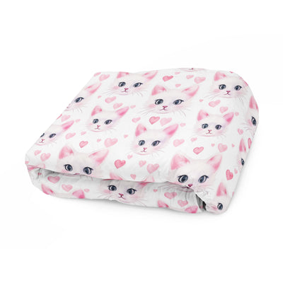 Cute White Cat with Hearts on Fleece Sherpa Blanket - Home Decor - JumpingDots