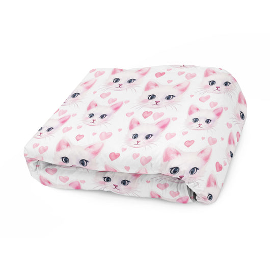 Cute White Cat with Hearts on Fleece Sherpa Blanket - Home Decor - JumpingDots