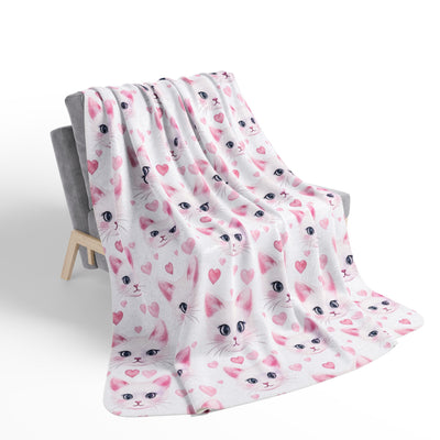 Cute White Cat with Hearts on Fleece Sherpa Blanket - Home Decor - JumpingDots