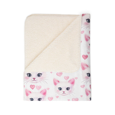 Cute White Cat with Hearts on Fleece Sherpa Blanket - Home Decor - JumpingDots