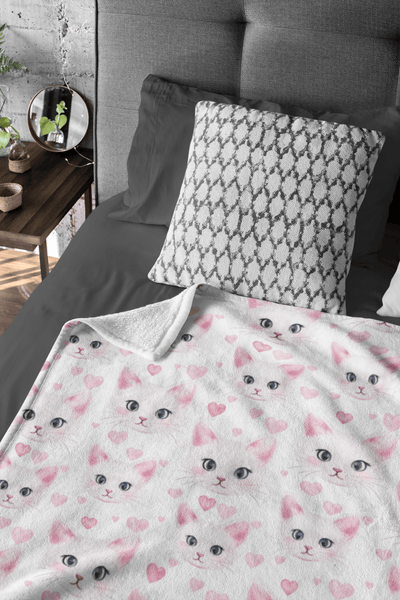 Cute White Cat with Hearts on Fleece Sherpa Blanket - Home Decor - JumpingDots