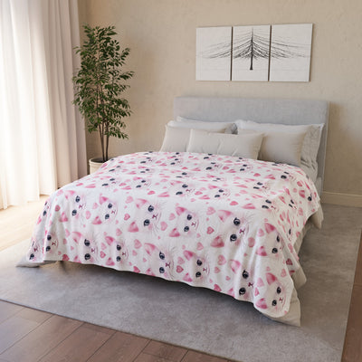 Cute White Cat with Hearts on Fleece Sherpa Blanket - Home Decor - JumpingDots