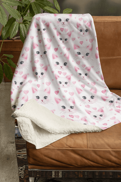 Cute White Cat with Hearts on Fleece Sherpa Blanket - Home Decor - JumpingDots