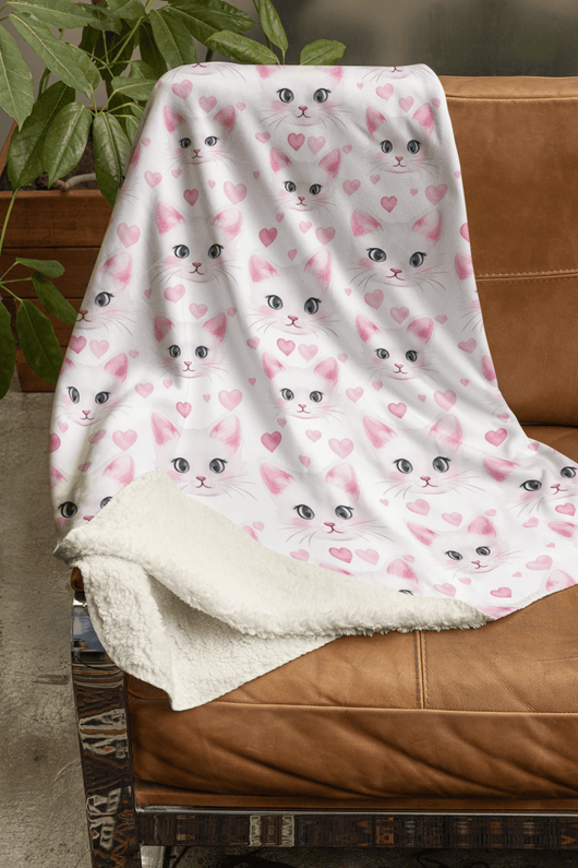 Cute White Cat with Hearts on Fleece Sherpa Blanket - Home Decor - JumpingDots