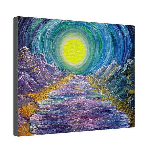 Lunar Labyrinth- Gold Moon Tunnel Amidst Mountains on Large Canvas - Canvas - JumpingDots