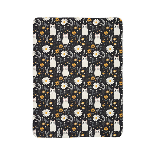 Floral White Cat on Fleece Sherpa Blanket - Home Decor - JumpingDots