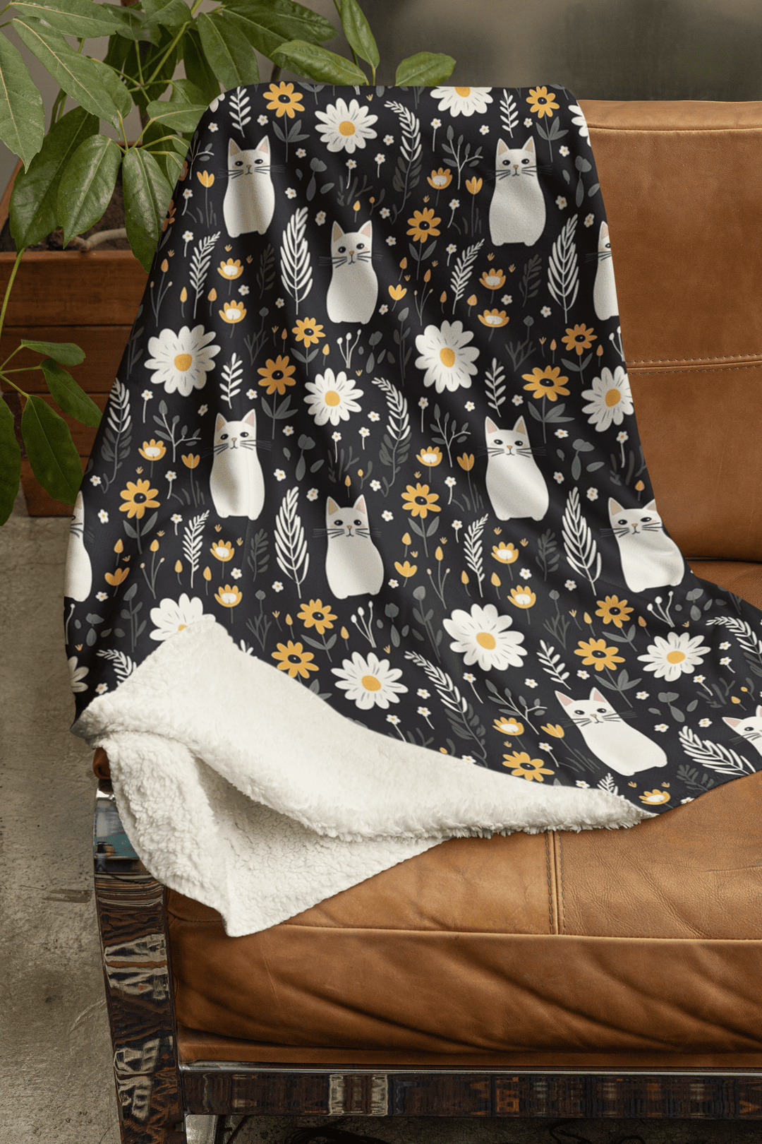 Floral White Cat on Fleece Sherpa Blanket - Home Decor - JumpingDots