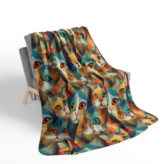 Cat in a Vibrant Cubism Style on Fleece Sherpa Blanket - Home Decor - JumpingDots