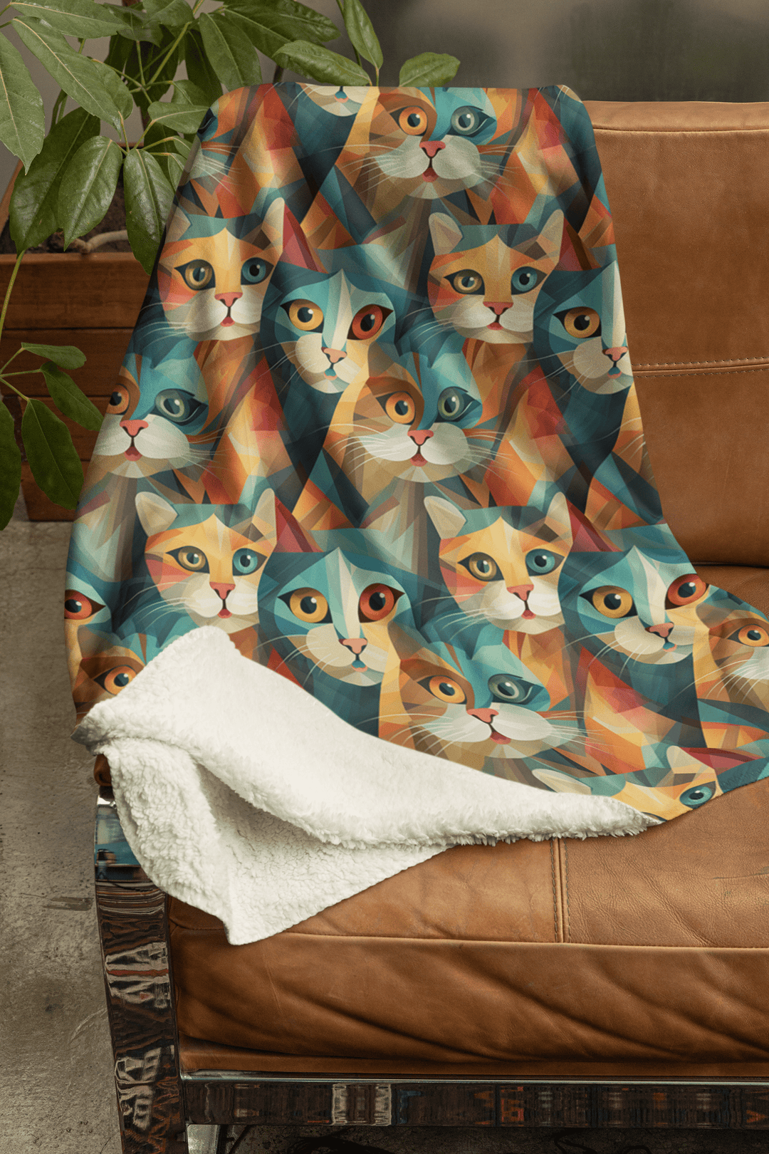 Cat in a Vibrant Cubism Style on Fleece Sherpa Blanket - Home Decor - JumpingDots