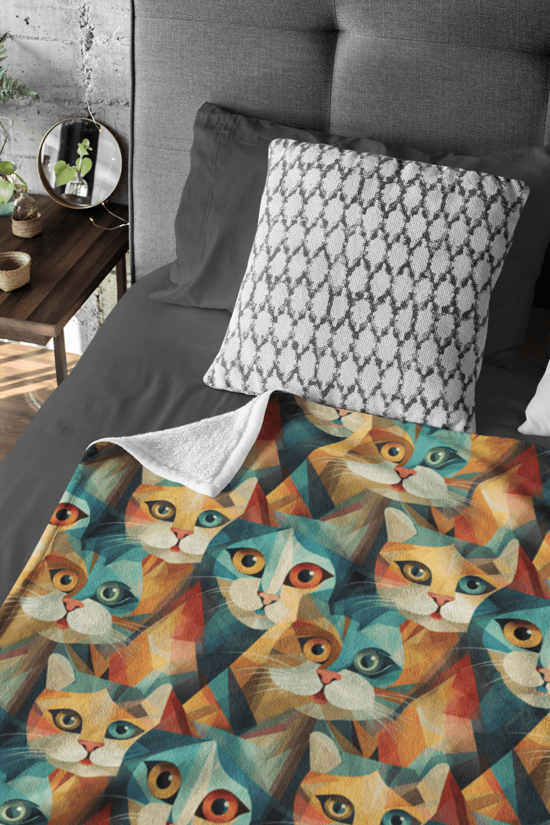 Cat in a Vibrant Cubism Style on Fleece Sherpa Blanket - Home Decor - JumpingDots