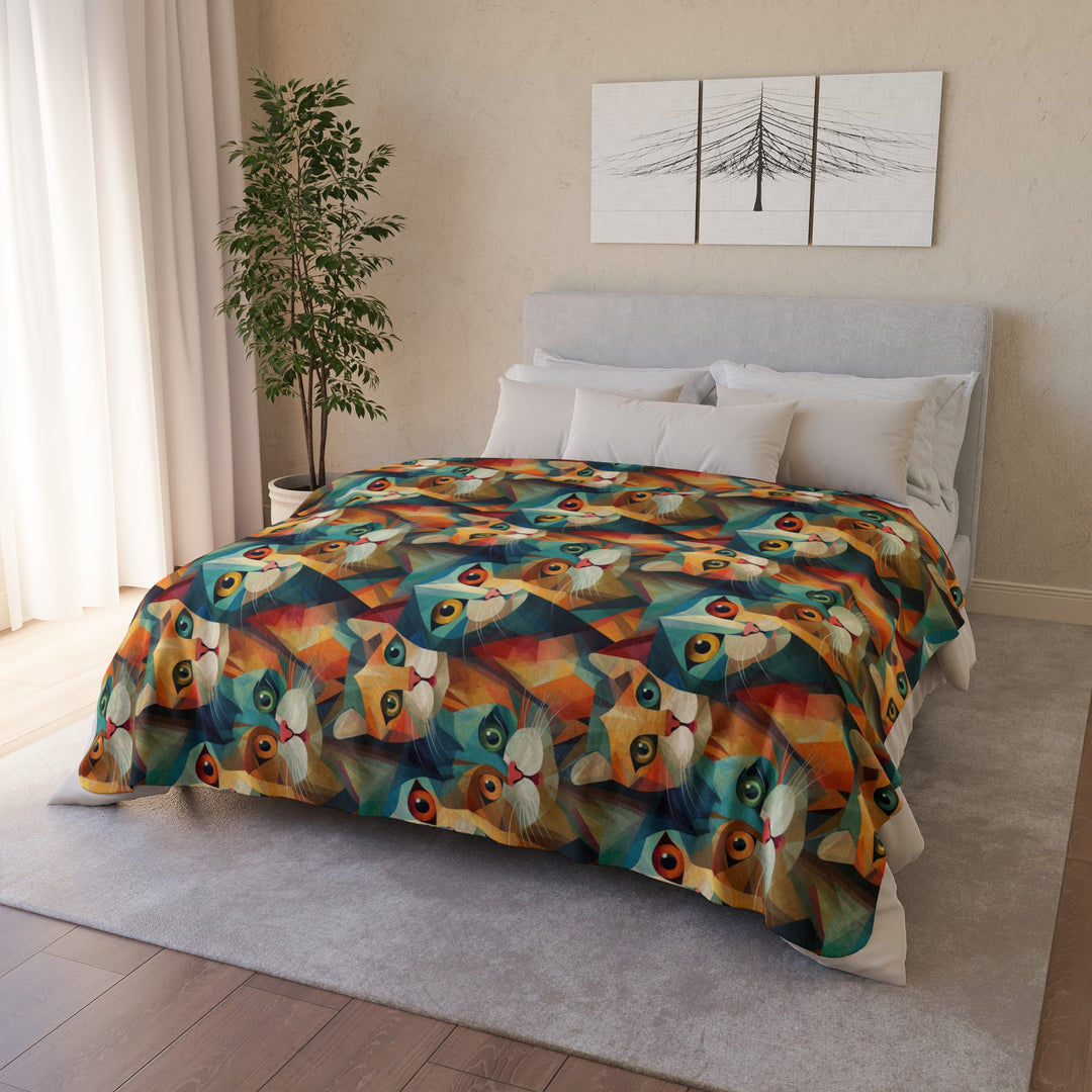 Cat in a Vibrant Cubism Style on Fleece Sherpa Blanket - Home Decor - JumpingDots