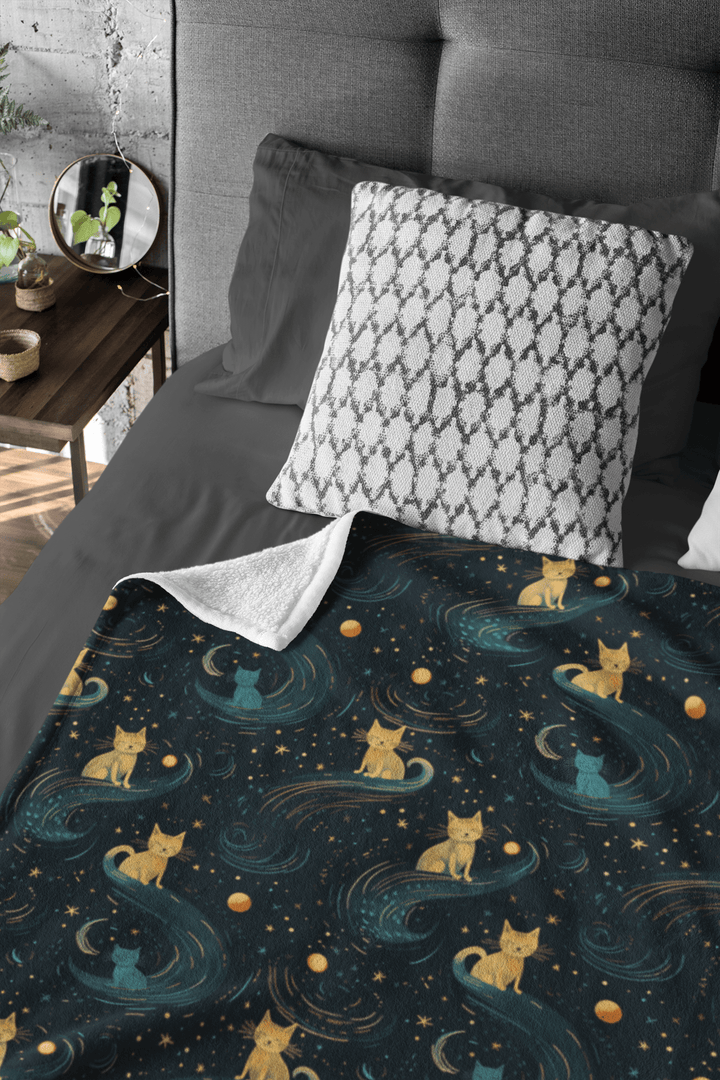 Celestial Galaxy Cat on Fleece Sherpa Blanket - Home Decor - JumpingDots