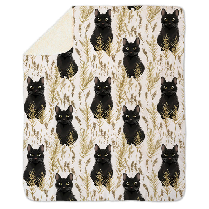 Black Cat and Herbs Print on Fleece Sherpa Blanket - Home Decor - JumpingDots