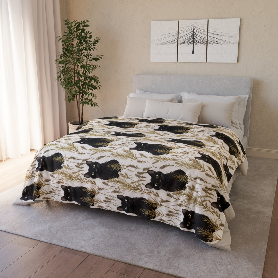 Black Cat and Herbs Print on Fleece Sherpa Blanket - Home Decor - JumpingDots