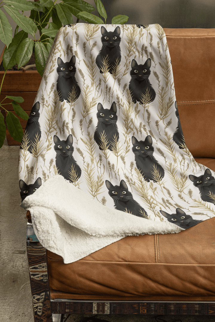 Black Cat and Herbs Print on Fleece Sherpa Blanket - Home Decor - JumpingDots