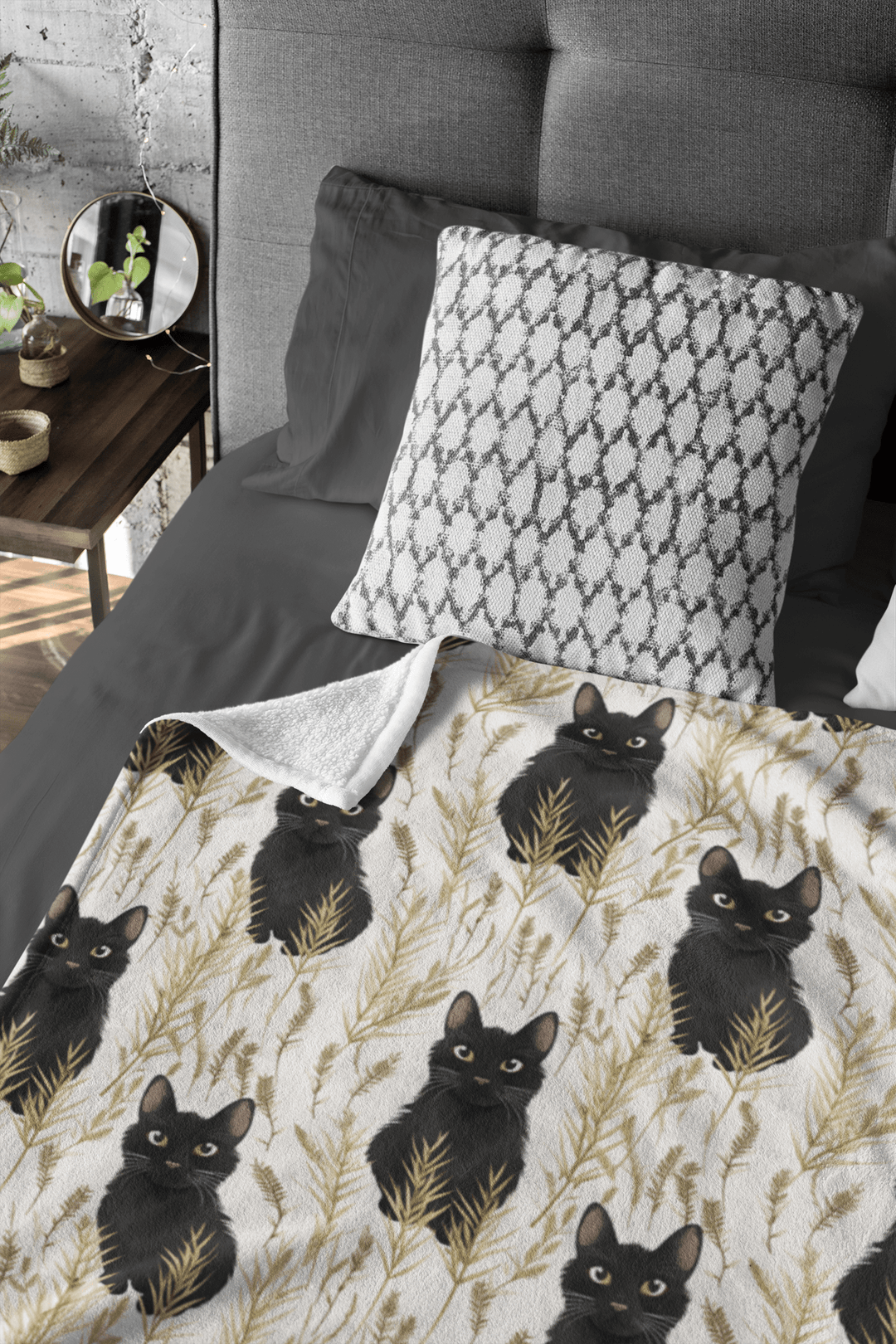 Black Cat and Herbs Print on Fleece Sherpa Blanket - Home Decor - JumpingDots