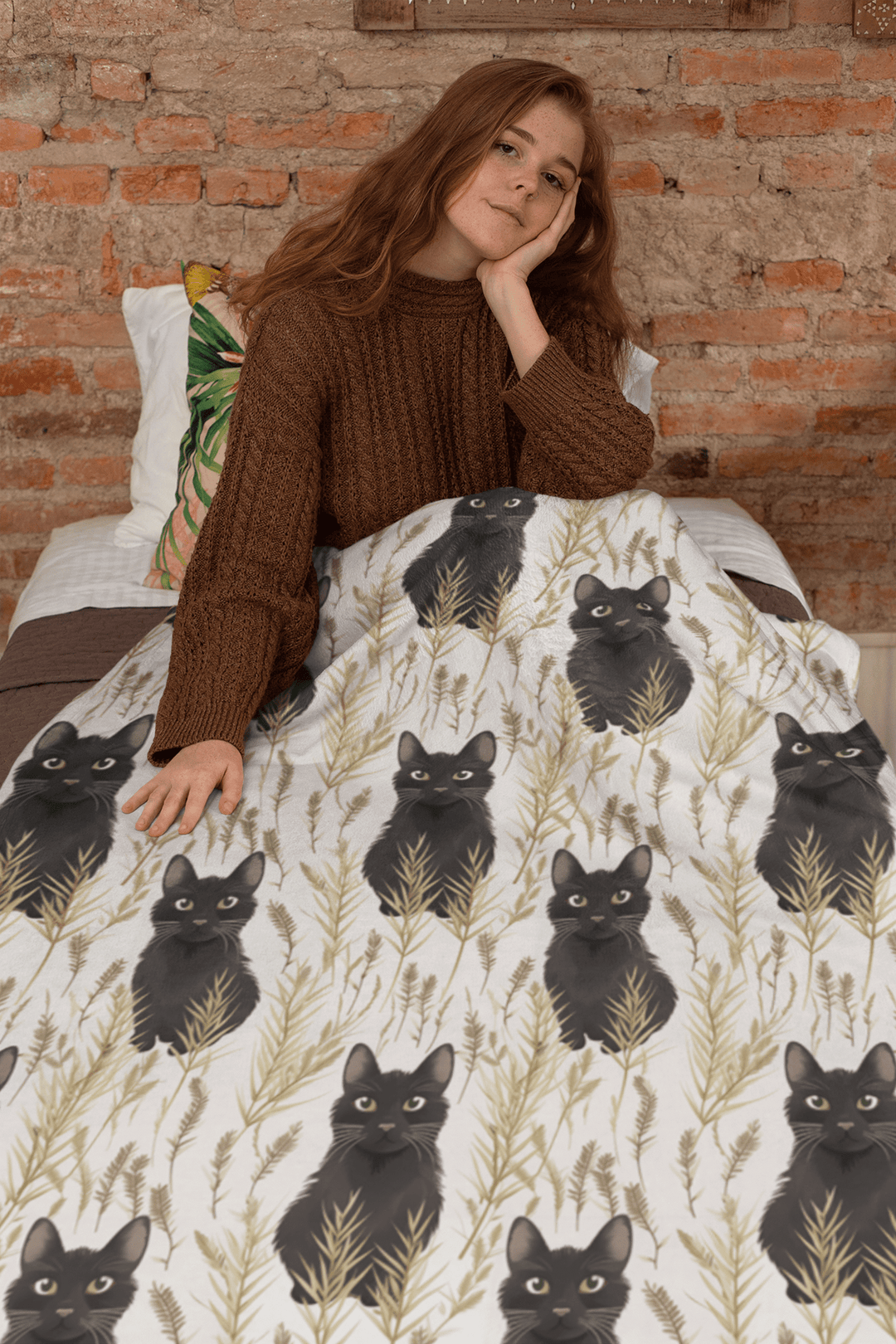 Black Cat and Herbs Print on Fleece Sherpa Blanket - Home Decor - JumpingDots