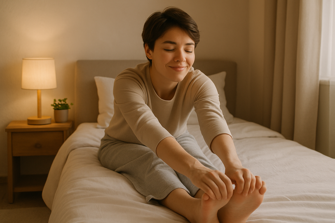 Person sitting on a bed and touching feet