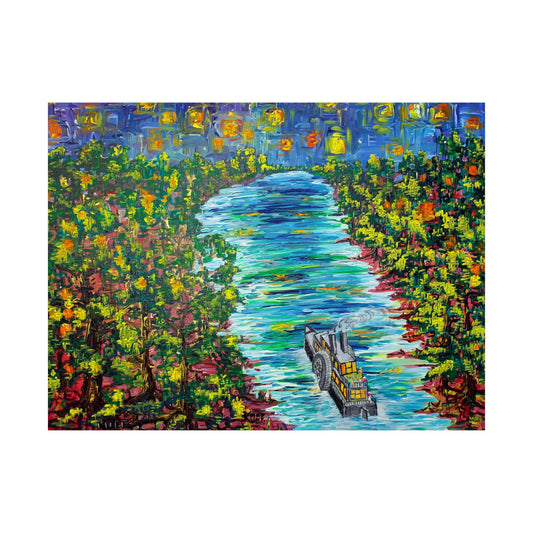 Starry Serenade- Steamboat Voyage Under the Night Sky on the Poster - Poster - JumpingDots