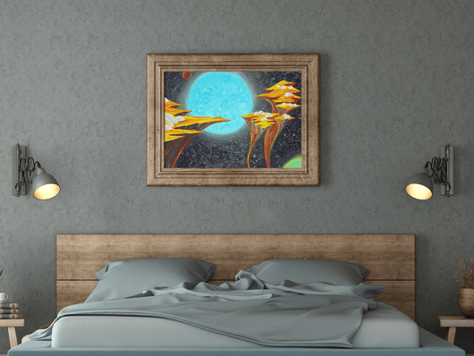 Floating Islands in Cosmos with Blue Planet on the Poster - Poster - JumpingDots