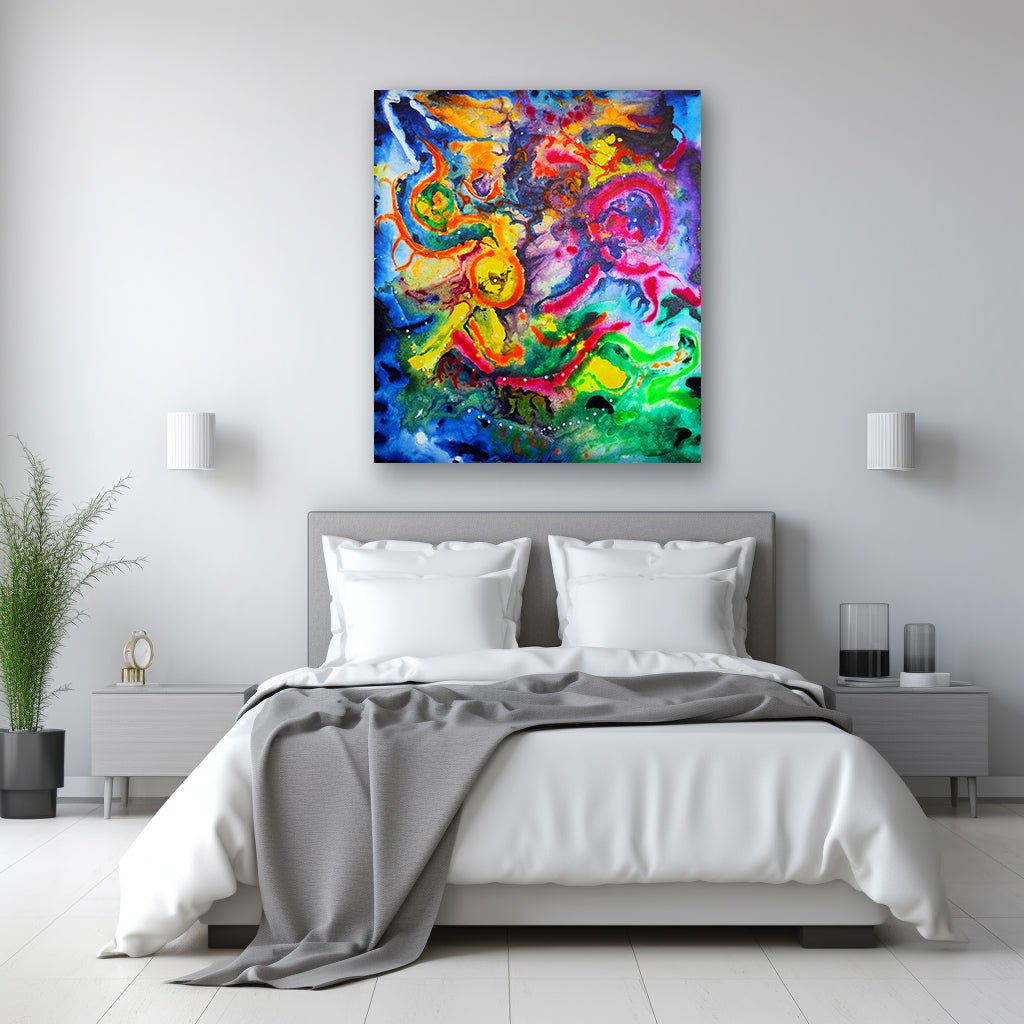 Abstract Cosmic Zoo on Large Canvas hanging above the bed
