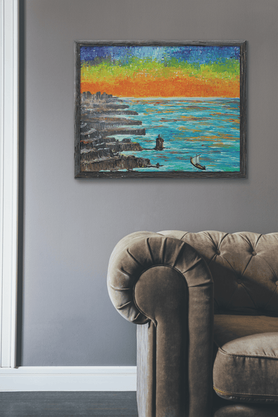 Sailing Boat at Sunset over Rocky Coast on the Poster - Poster - JumpingDots
