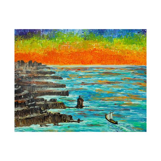 Sailing Boat at Sunset over Rocky Coast on the Poster - Poster - JumpingDots