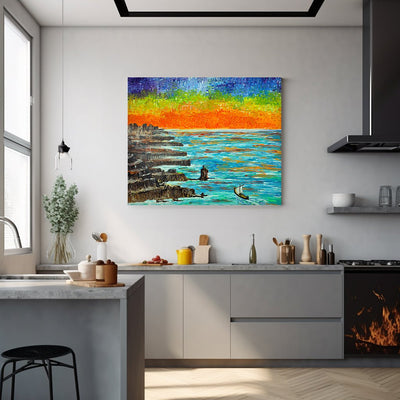 Sailing Boat at Sunset over Rocky Coast on Canvas - Canvas - JumpingDots