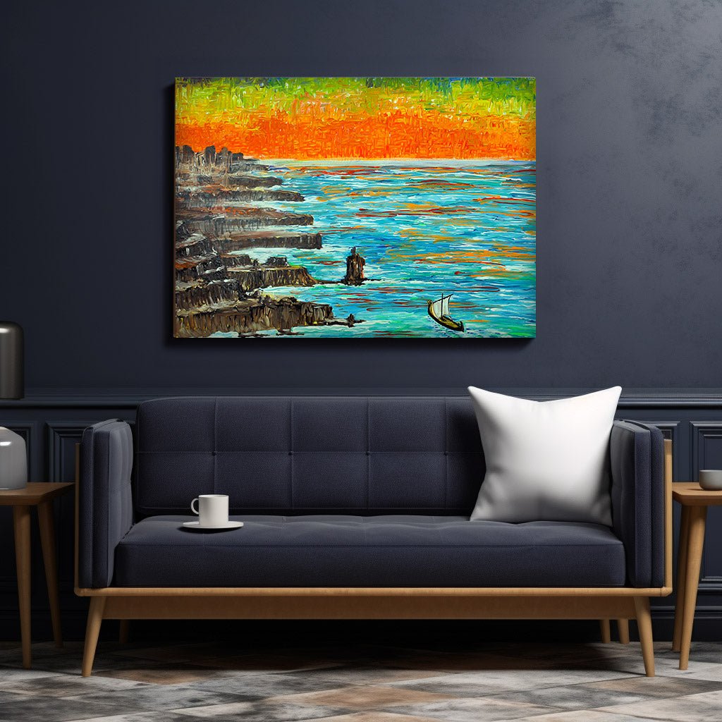 Sailing Boat at Sunset over Rocky Coast on Canvas - Canvas - JumpingDots