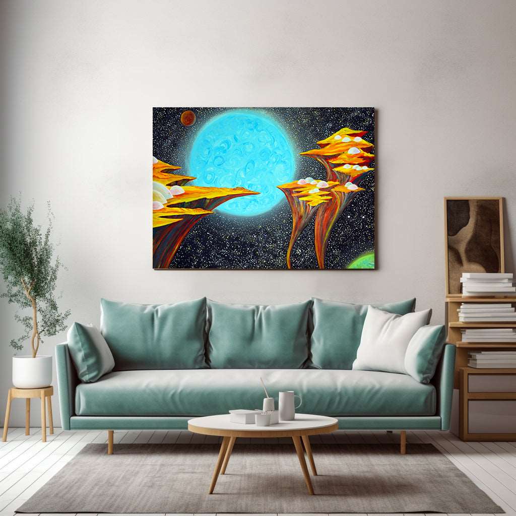 Celestial Solitude- Floating Islands in Cosmos with Blue Planet on Canvas - Canvas - JumpingDots
