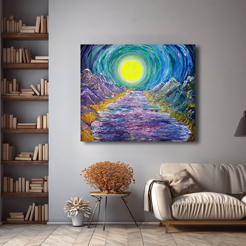 Lunar Labyrinth- Gold Moon Tunnel Amidst Mountains on Large Canvas - Canvas - JumpingDots
