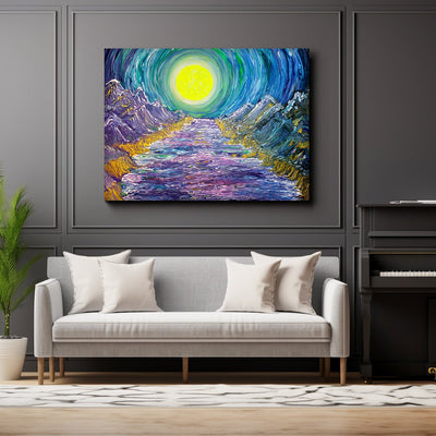 Lunar Labyrinth- Gold Moon Tunnel Amidst Mountains on Large Canvas - Canvas - JumpingDots