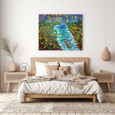 Starry Serenade- Steamboat Voyage Under the Night Sky Modern Wall Art on Large Canvas - Canvas - JumpingDots