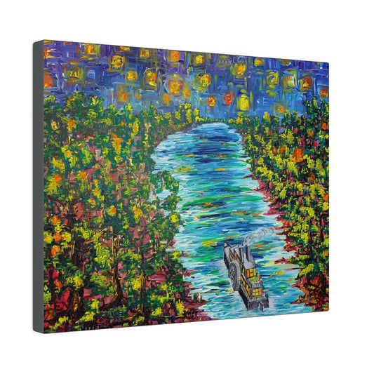 Starry Serenade- Steamboat Voyage Under the Night Sky Modern Wall Art on Large Canvas - Canvas - JumpingDots