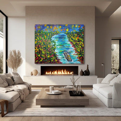 Starry Serenade- Steamboat Voyage Under the Night Sky Modern Wall Art on Large Canvas - Canvas - JumpingDots
