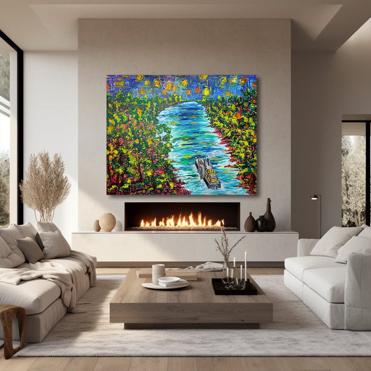Starry Serenade- Steamboat Voyage Under the Night Sky Modern Wall Art on Large Canvas - Canvas - JumpingDots
